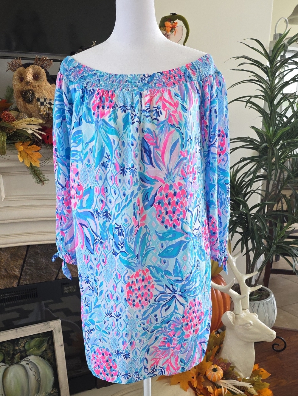 Bright Blue Floral Off-Shoulder Women's Dress